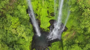 Yeşil yağmur ormanlarında ve dağ ormanlarında tropik şelale Sekumpul. Bali, Endonezya. Hava görüntüsü 4K