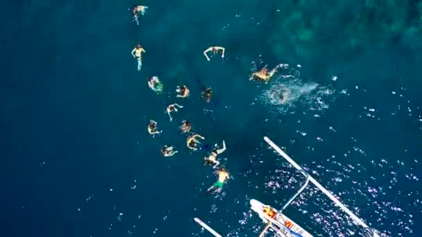Turisté šnorchlování a potápění v azurovém moři na Jemeluk Bay, Amed pláž, Bali, Indonésie. Letecký pohled 4K