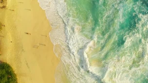 Písečná pláž s velkými vlnami a národy na vyhlídkách v Kelingking Beach, Nusa Penida, Bali, Indonésie. Letecký pohled shora 4K — Stock video