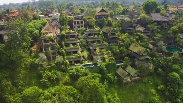 밀림, 열 대 우림과 산, 우버 드, 발리, 인도네시아의 푸른 풍경에 파노라마같은 아름다운 별장들. — 비디오