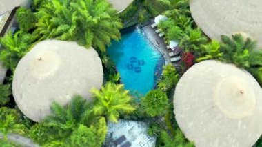 Bora Bora 'da tropikal çiçekler ve ağaçlarla dolu sazlık çatılı ve havuzlu güzel bungalovlar. Genç bir kadın havuzda yüzüyor. Hava görüntüsü 4K