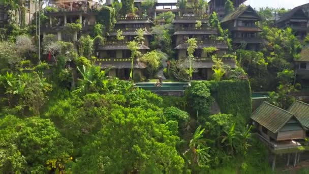 Šťastná rodina odpočívá v luxusním bazénu v tropickém ráji. Dron odlétá od předmětu vysoko k obloze. Anhera Suite Spa, Ubud, Bali, Indonésie - 15. červenec 2019. — Stock video