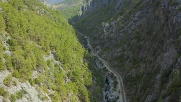 陡峭的悬崖和松林丛生的峡谷.在土耳其的山路、溪流中穿行。Aerial view 4K. — 图库视频影像