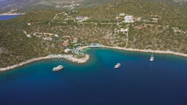 Aerial high view of peninsula with turquoise seacoast in the tourist Kas town, Turkey. Aerial view 4K. — Stock Video