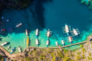Filipinler 'deki Coron adasında tur tekneleri. Deniz manzaralı balıkçı tekneleri.