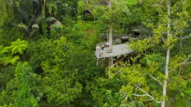 Aerial view young couple on the observation deck in the form of a boat in the jungle in Bali, Indonesia.