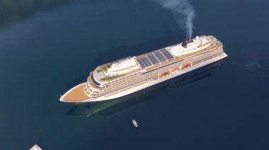 Top aerial view of the big cruise ship in Kotor, Montenegro