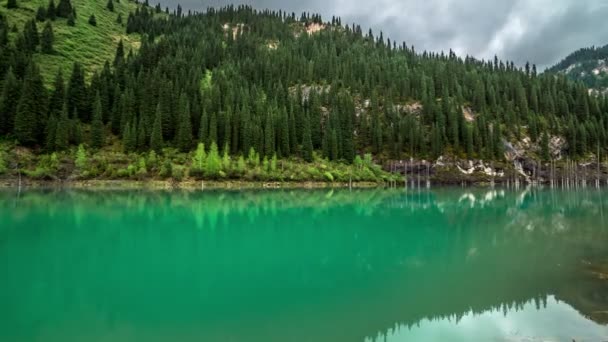 Reflexión sobre el agua en el lago Kaindy — Vídeos de Stock