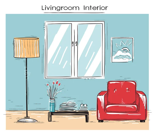 Povrchní ilustrace livingroom interiéru. Vektorové barva ruku dr — Stockový vektor