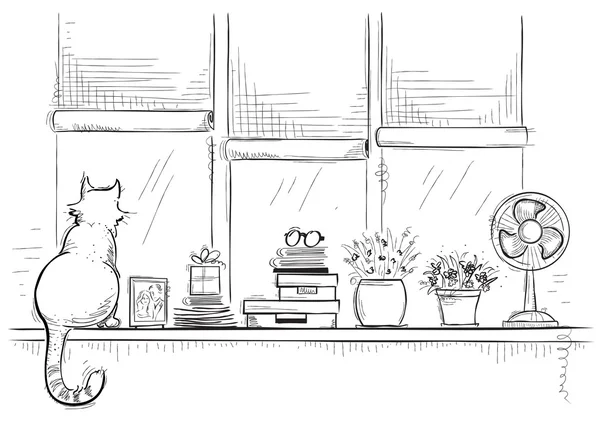 Ablakpárkány, a haza szeretete tárgyak és aranyos macska. Kézzel rajzolt vázlat — Stock Vector