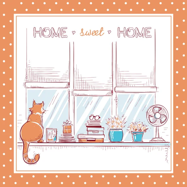 Home sweet card.Windowsill com objetos de amor em casa e gato bonito . —  Vetores de Stock