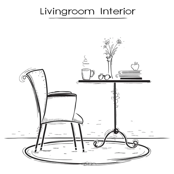 Salon intérieur pour la lecture ou la relaxation.Esquisse dessinée à la main de il — Image vectorielle