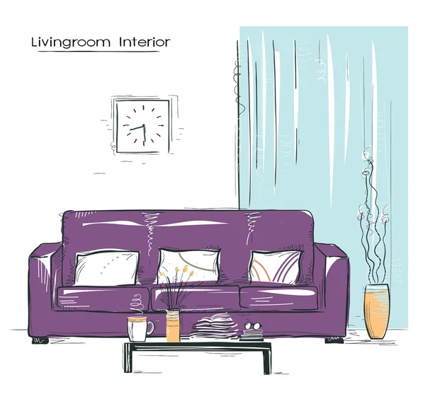 Livingroom interior lugar com sofá. Desenho a cores desenhado à mão em —  Vetores de Stock