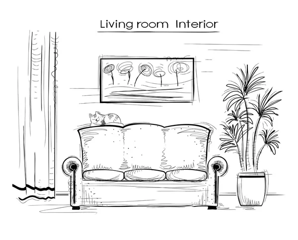 Desenho interior esboçado da sala de vida.Desenho de mão vetorial — Vetor de Stock