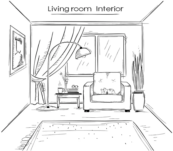 Schetsmatig illustratie van woonkamer interieur. Vector zwarte hand d — Stockvector