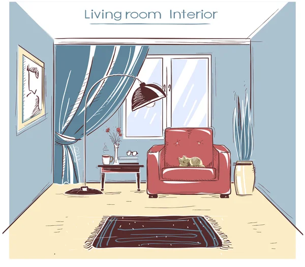 Schetsmatig illustratie van woonkamer interieur. Vector kleur hand d — Stockvector