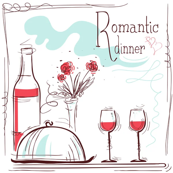 Cartão romântico para jantar.Ilustração vetorial com vinho e comida —  Vetores de Stock