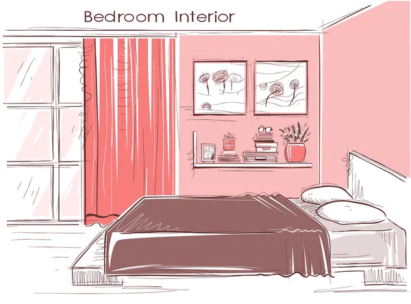 Slaapkamer interieur. Vector kleur hand tekenen van moderne huis illustrat — Stockvector