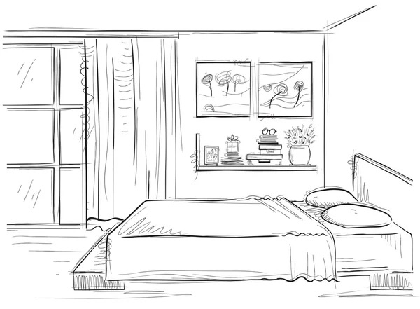 Intérieur de la chambre à coucher Dessin vectoriel à la main illustration moderne de la maison — Image vectorielle