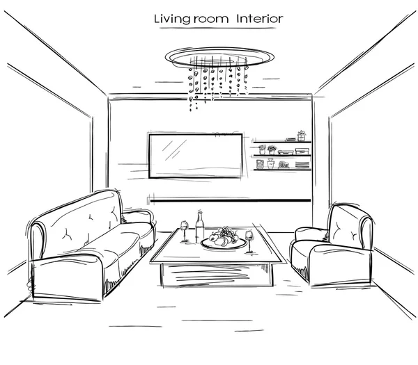 Salón interior.Vector negro dibujo a mano ilustración — Vector de stock