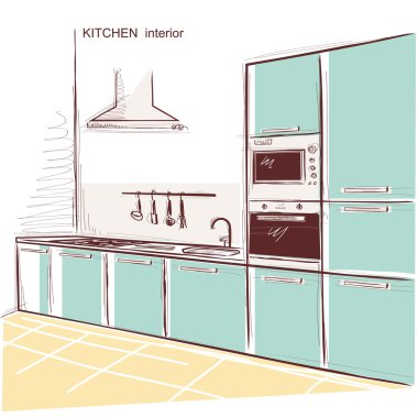 mutfak iç oda. Vektör renk yarım yamalak illüstrasyon backgrou