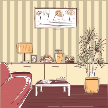 modern iç oturma odası tasarımı. Vektör el çizim illust