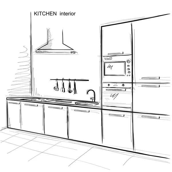 Kuchnia wnętrze pokoju. Wektor szkicowy ilustracja na białym tle — Wektor stockowy