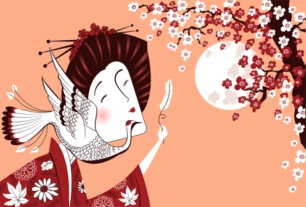 Kuş ile geleneksel giysiler içinde Japon kadın — Stok Vektör