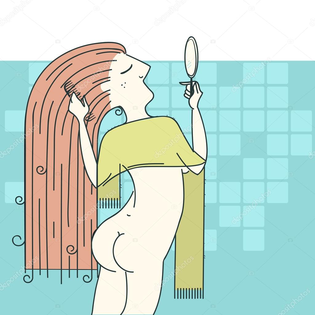 Woman combing hair in her bathroom