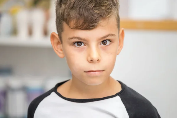 Boy Black White Shirt Dark Hair Looking Camera — Stock Photo, Image