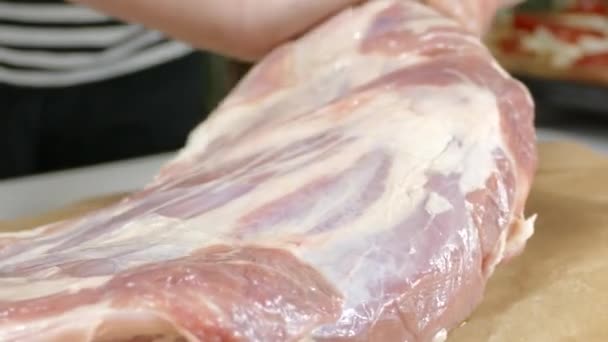 Lamb leg preparing for baking — Stock Video