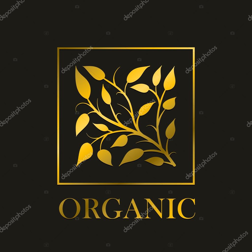 Vector simple round floral design. Gold branch and leaves stylize in square frame. Ideal for elegant invitations or natural cosmetics, raw foods etc.