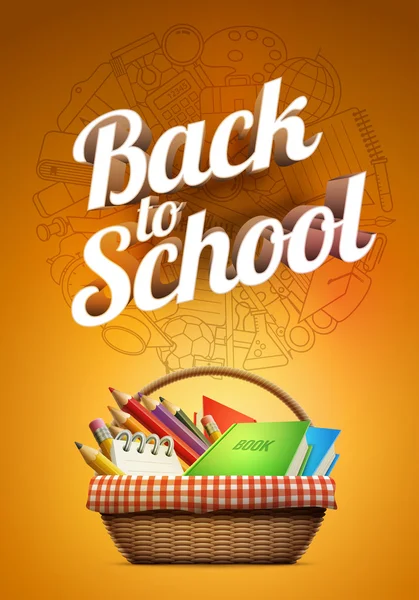 Back to school poster with school supplies basket — Stock Vector