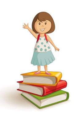 Okul kız kitap yığın üzerinde ayakta.