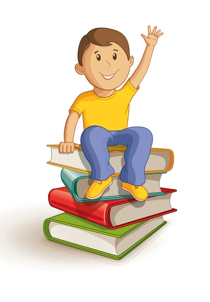 School boy sitting on the book stack. — Stock Vector