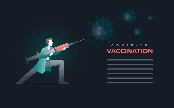 Een Arts Houdt Een Vaccinspuit Vast Bestrijdt Het Coronavirus Vectorconcept — Stockvector