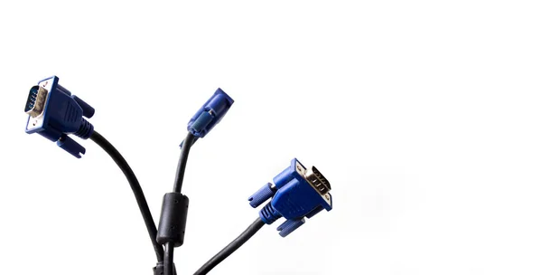 Drie blauwe computer jack plug voor monitor geïsoleerd op witte achtergrond. — Stockfoto