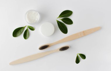 Beyaz arka planda iki ahşap bambu çevre dostu diş fırçası, diş fırçası ve yeşil yapraklar.. 