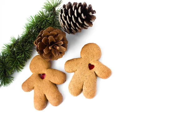 A pair of gingerbread lovers with hearts with a branch of a christmas tree and a pine cone