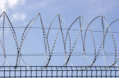 Mavi gökyüzüne karşı dikenli tel örgü