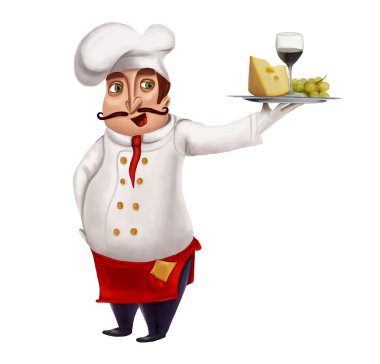 Bir tepsi peynirli tutan bir karikatür Şef bir çizimi ve