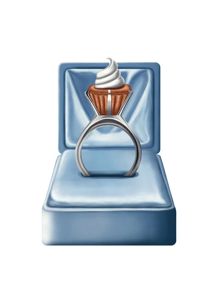 Blue Engagement ring Box ilustrasi dengan cincin dalam bentuk cupc — Stok Foto