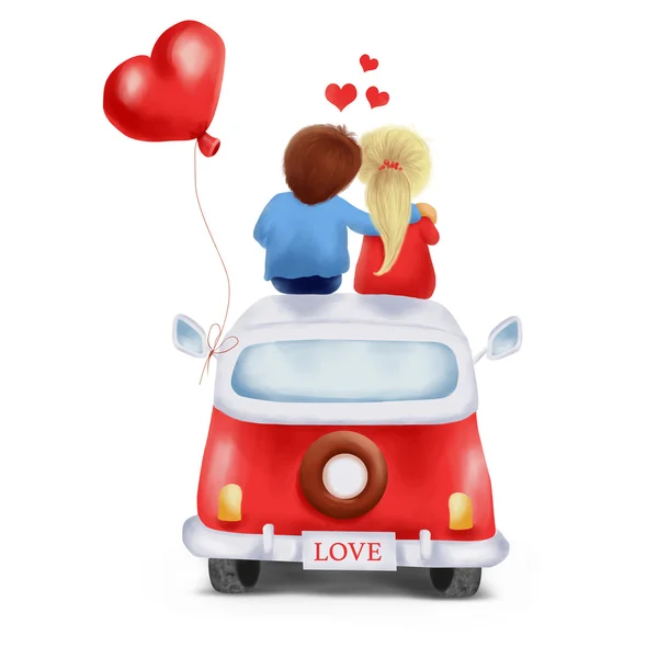 Ilustración de una pareja enamorada sentada en el techo del coche , — Foto de Stock