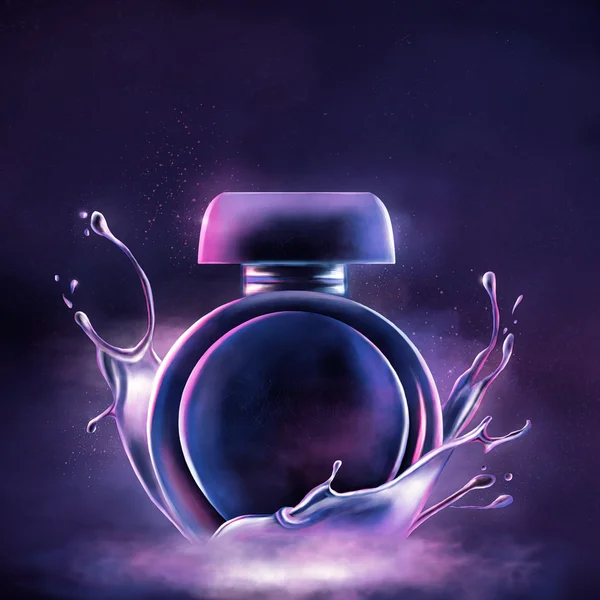 Hermosa botella de perfume de neón. Ilustración digital dibujada a mano . Imagen de stock