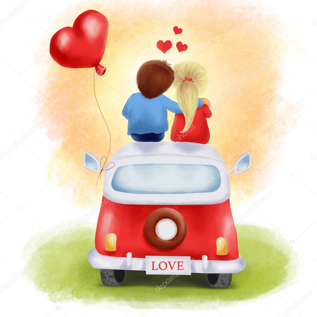 Illustation of a couple in love sitting on the roof of the car a