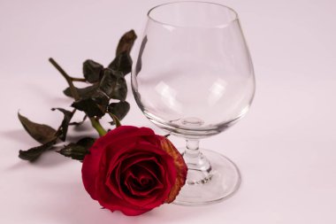 Beyaz şeffaf cam ve yanında pembe gül.