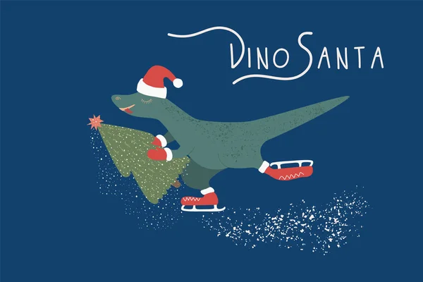 Dinosaur Santa with Christmas tree on background. — Stock Vector