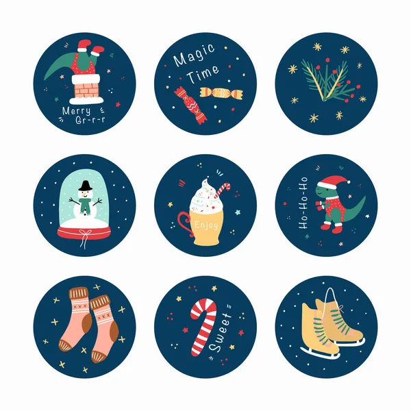 Set of round Christmas stickers for decorating. 