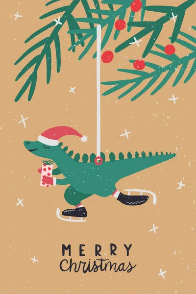 Vintage Christmas greeting card with dinosaur toy.