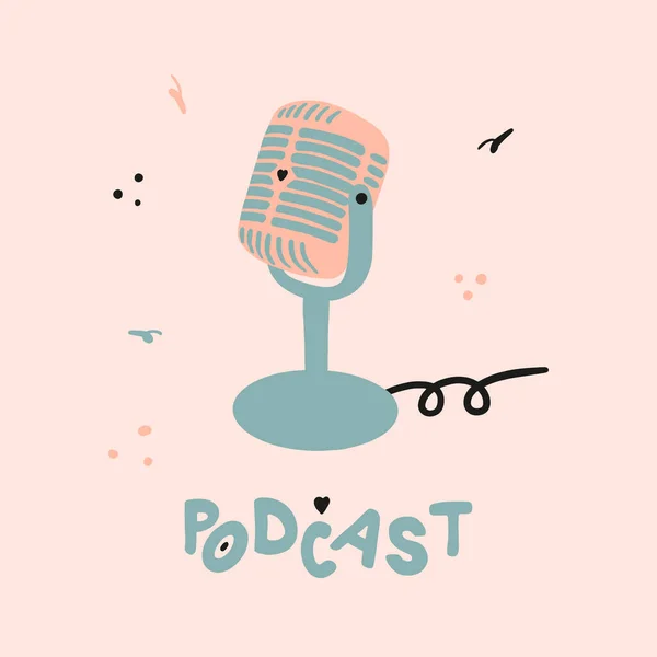 Retro mikrofon, medya aracı ve konuşma balonu, ses kayıt cihazı ve medya ekipmanları. Mikrofon karalama simgesi. El çizimi vektör çizimi. Podcast logo tasarımı.
